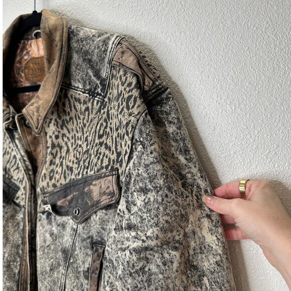 Winlit Vintage Tan Black Suede & Denim Acid Wash Animal Print Biker Jacket S - Picture 12 of 16